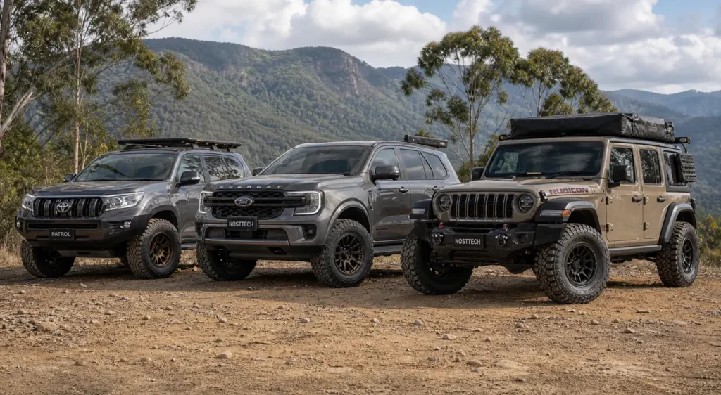 Mixed 4x4 lineup with load rated off road wheels on an overland trail