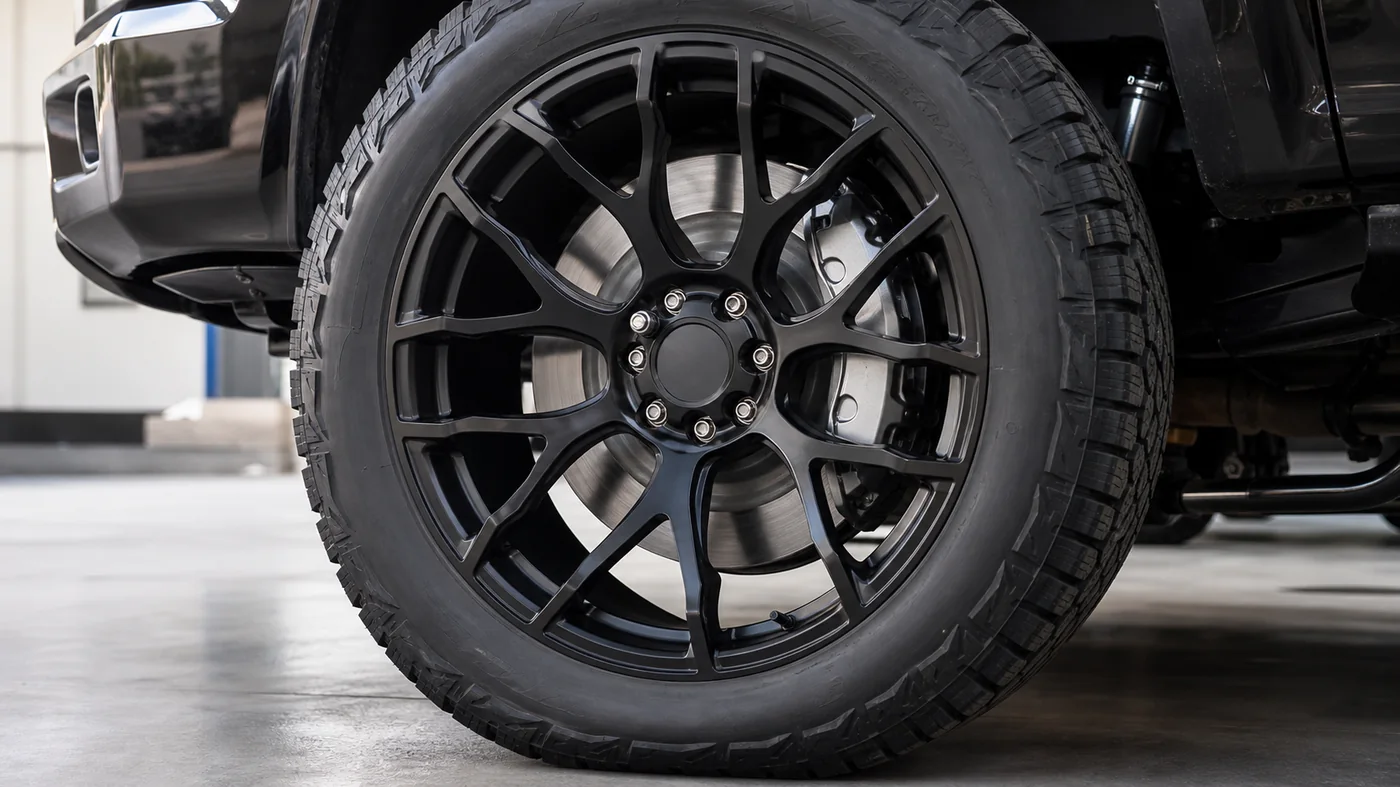 Forged vs Cast Wheels Guide for Better Truck Builds Black forged monoblock truck wheel close up with detailed spokes and brake clearance