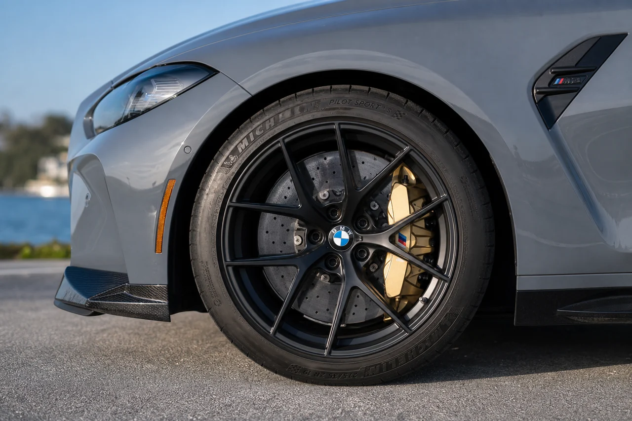 Best 18 vs 20 Inch Wheels for Performance Cars BMW M3 G80 forged wheel close up with flush fitment and performance tire