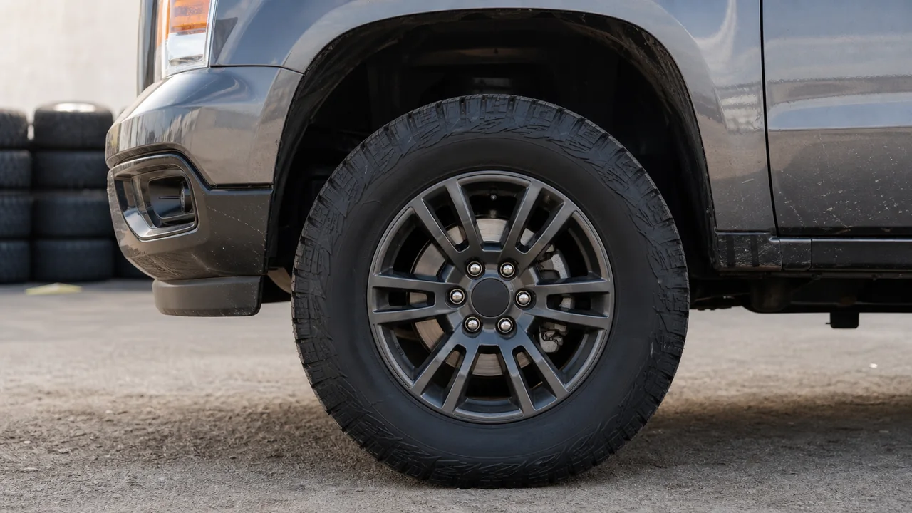 Forged vs Cast Wheels Guide for Better Truck Builds Cast alloy truck wheel close up showing spoke design and realistic tire sidewall