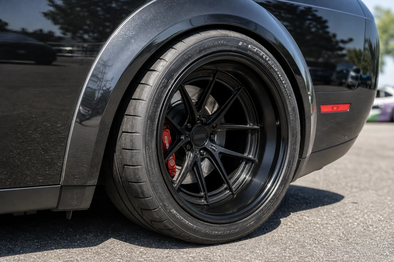 Best 20x10 vs 20x12 Wheels for a Strong Widebody Setup Dodge Challenger 20x12 deep concave rear wheel close up