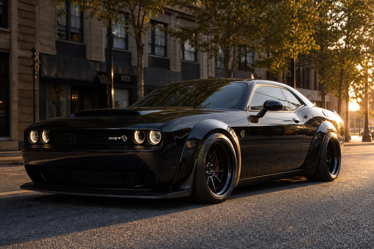 Best 20x10 vs 20x12 Wheels for a Strong Widebody Setup Dodge Challenger deep lip wheel setup on city street