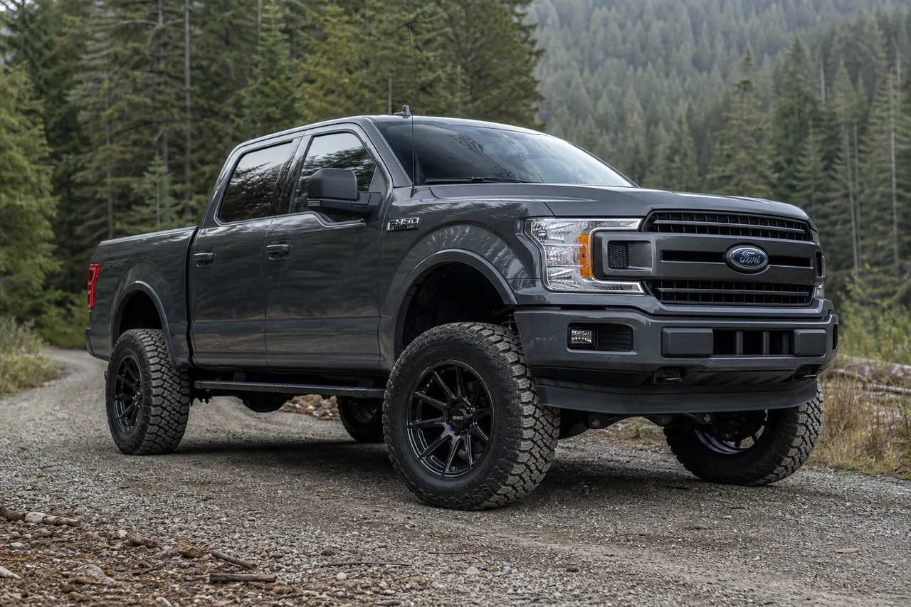 Best Ford F150 Wheels for a Strong Lifted Truck Setup Ford F150 daily and off road wheel setup on a forest gravel road