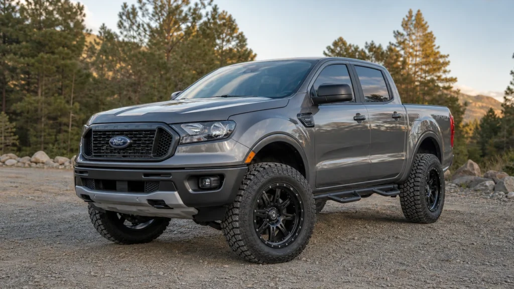 Modified Ford Ranger with 20x10 satin black wheels and clean outdoor stance