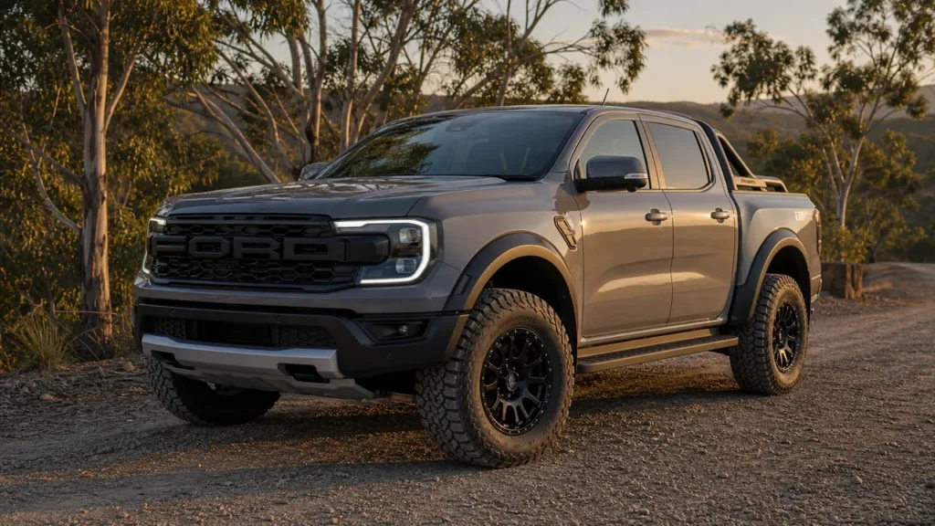 Ford Ranger Raptor with satin black off-road wheels on Australian gravel road