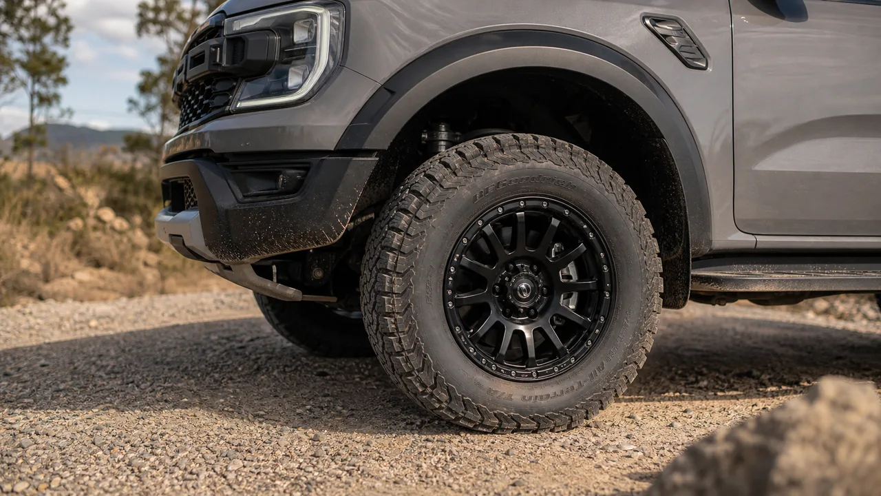 Best Ford Ranger Raptor Wheels for a Strong Touring Setup Ford Ranger Raptor satin black off-road wheel close-up