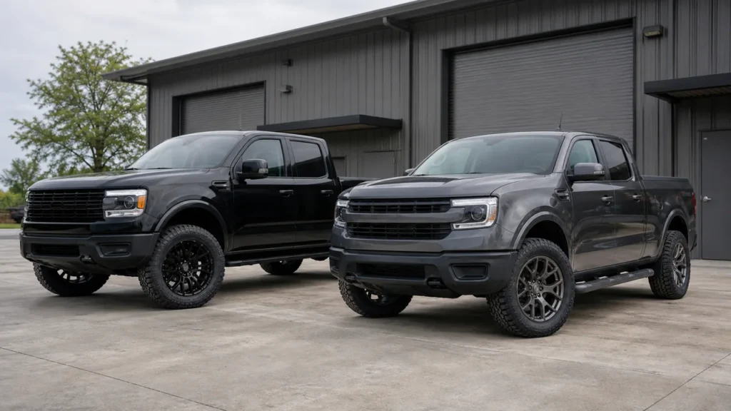 Two modified trucks comparing forged and cast aftermarket wheels in a realistic car meet scene