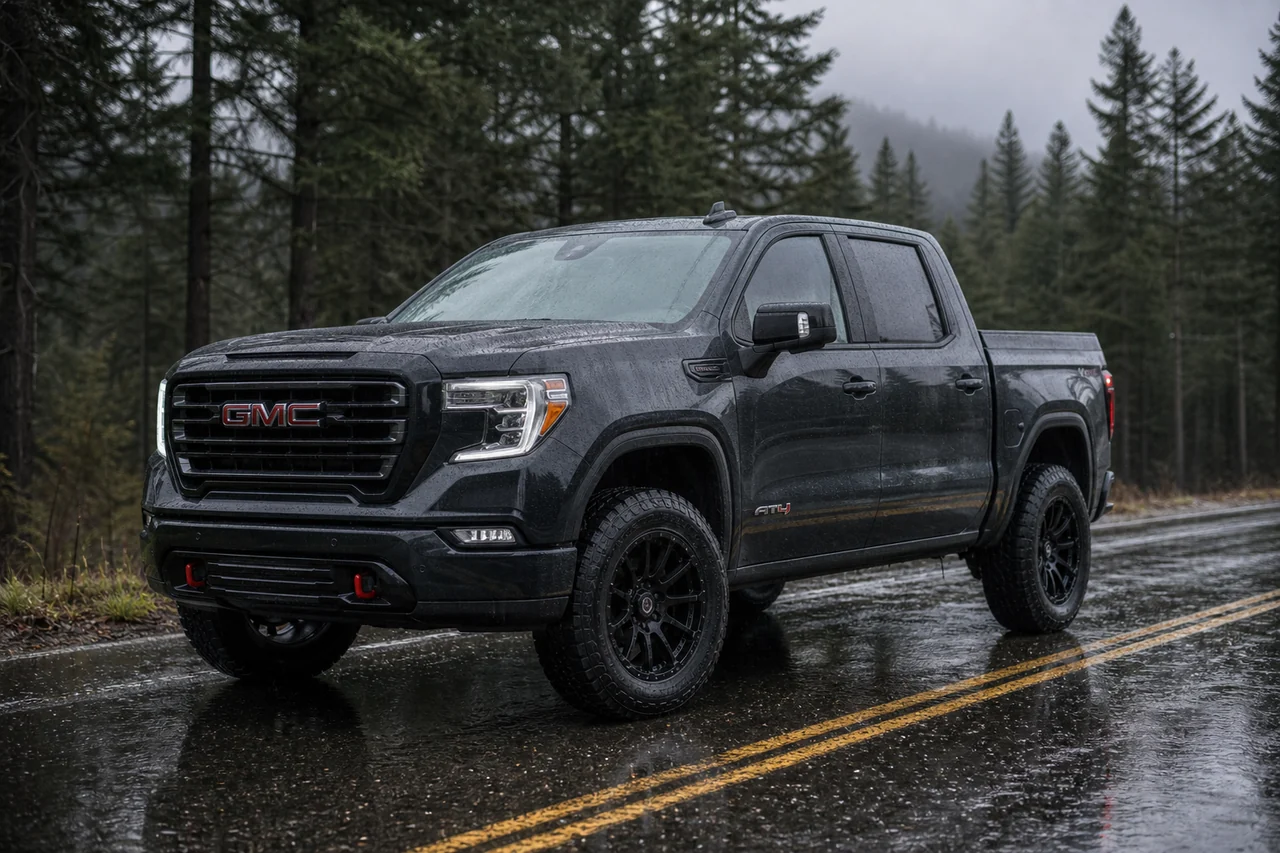 gmc sierra matte black rain road
