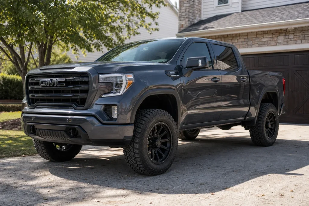 gmc sierra matte black truck wheels hero