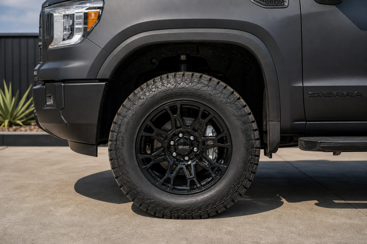 gmc sierra matte black wheel closeup