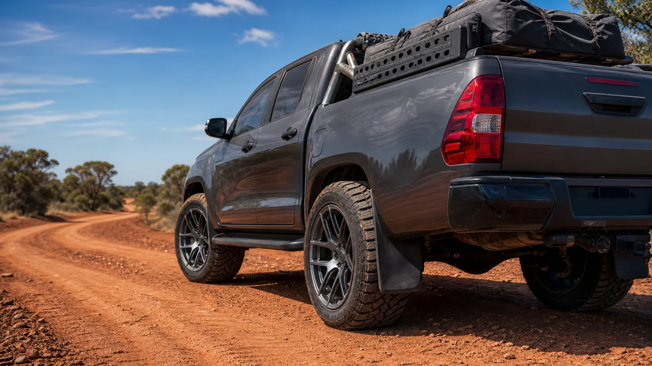 Best Toyota Hilux Wheels for a Strong 20 Inch Setup Toyota Hilux 20 inch wheel and all terrain tire setup on red dirt road
