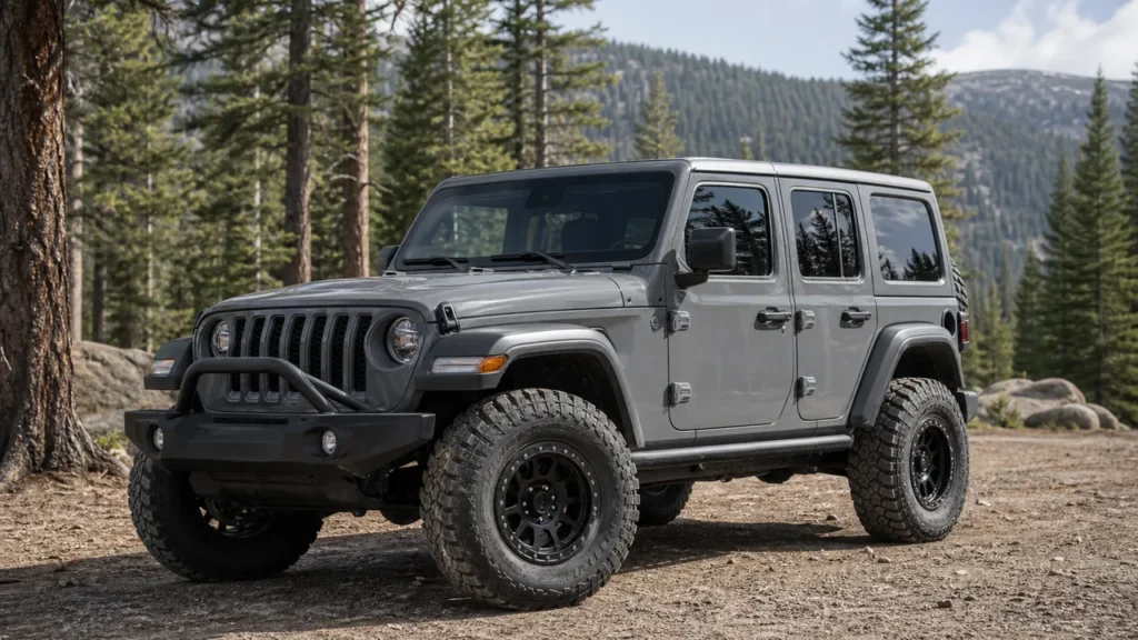 Jeep Wrangler JL with black 17 inch off-road wheels on a forest trail