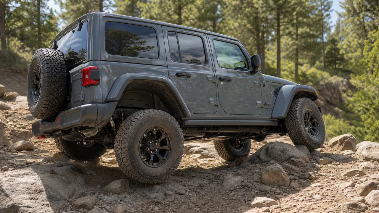 Best Jeep Wrangler JL Wheels for a Strong Trail Setup Jeep Wrangler JL wheel articulation and tire clearance on rocky trail