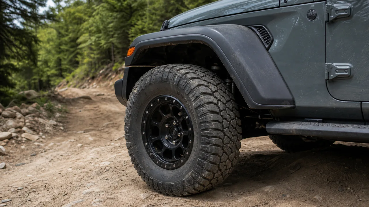 Best Jeep Wrangler JL Wheels for a Strong Trail Setup Jeep Wrangler JL black off-road wheel and 35 inch tire close-up