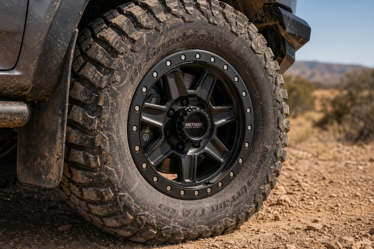 How to Choose Off Road Wheels for Real 4x4 Use Heavy duty load rated off road wheel close up with mud terrain tire