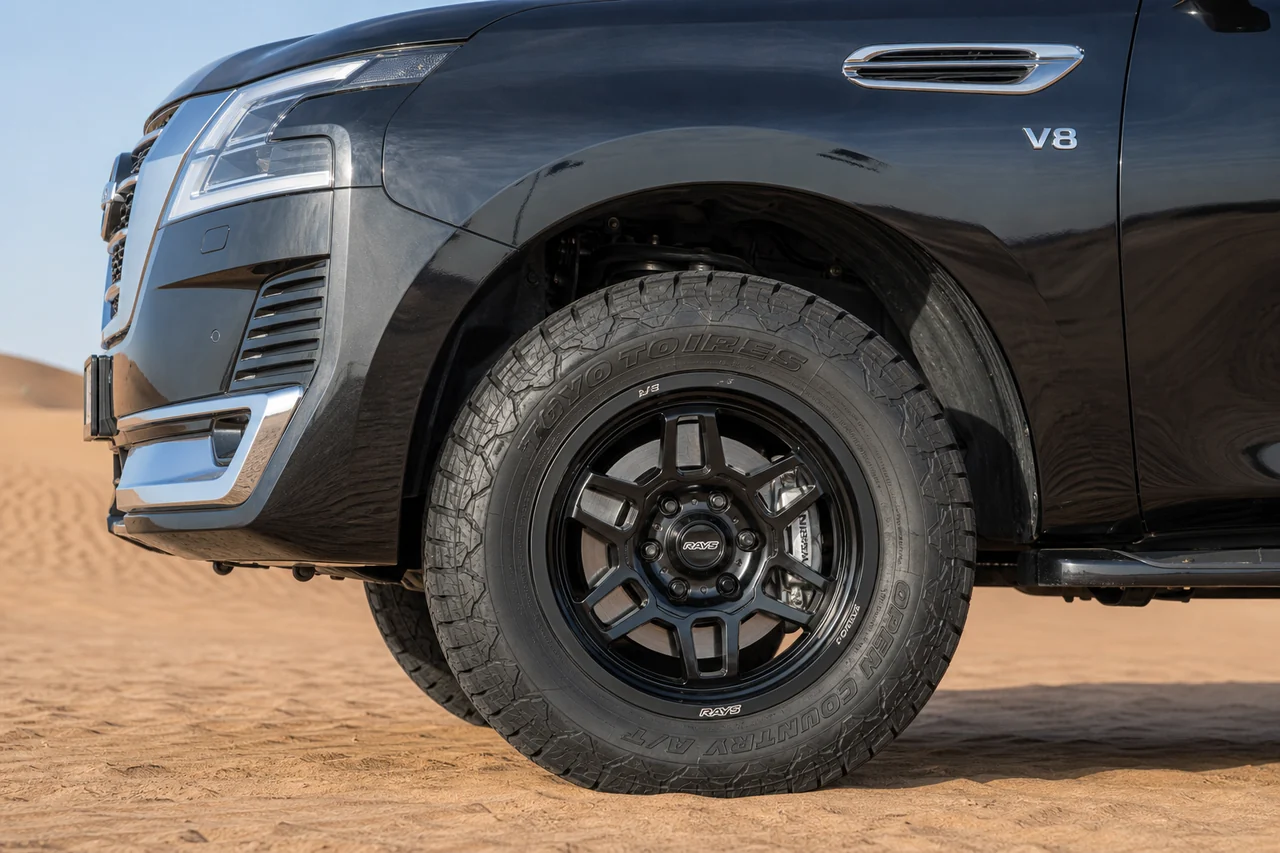 Best Nissan Patrol Y62 Wheels for a Strong Desert Setup Nissan Patrol Y62 forged wheel close up with all terrain tire and offset clearance