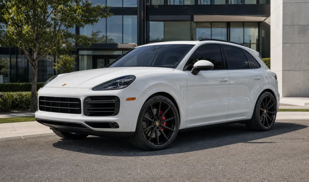 Porsche Cayenne with satin black 22 inch forged wheels and premium stance