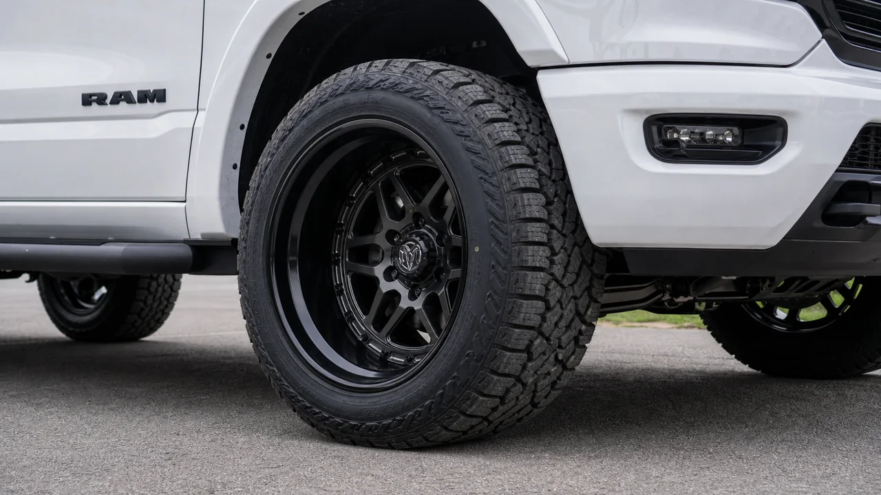 Best Ram 1500 Wheels for a Strong 20x12 Setup Close up of Ram 1500 deep lip 20x12 wheel with realistic brake clearance