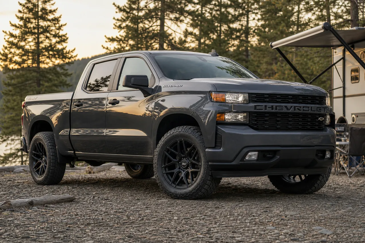 Best Chevrolet Silverado Wheels for a Strong 20 Inch Setup Silverado wheel and tire package on all terrain tires at a gravel campsite