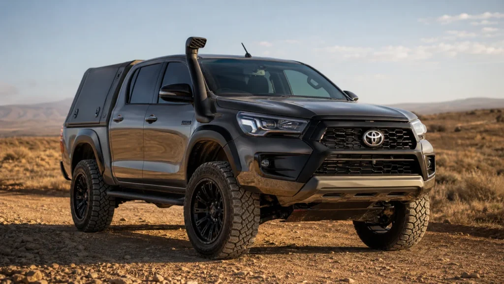 Toyota Hilux with 20 inch matte black wheels and all terrain tires in natural light