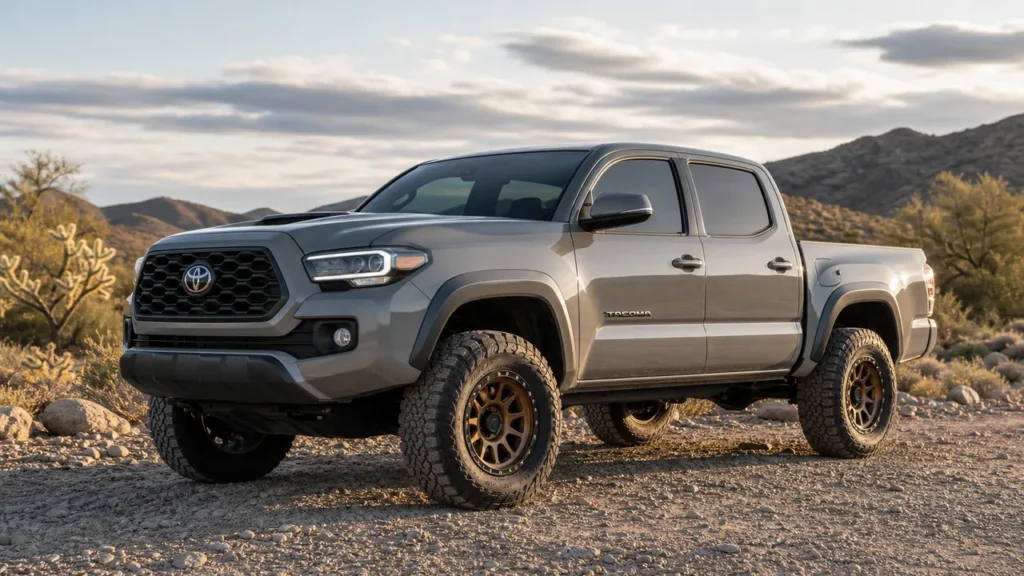 Toyota Tacoma with bronze off-road wheels on a desert trail
