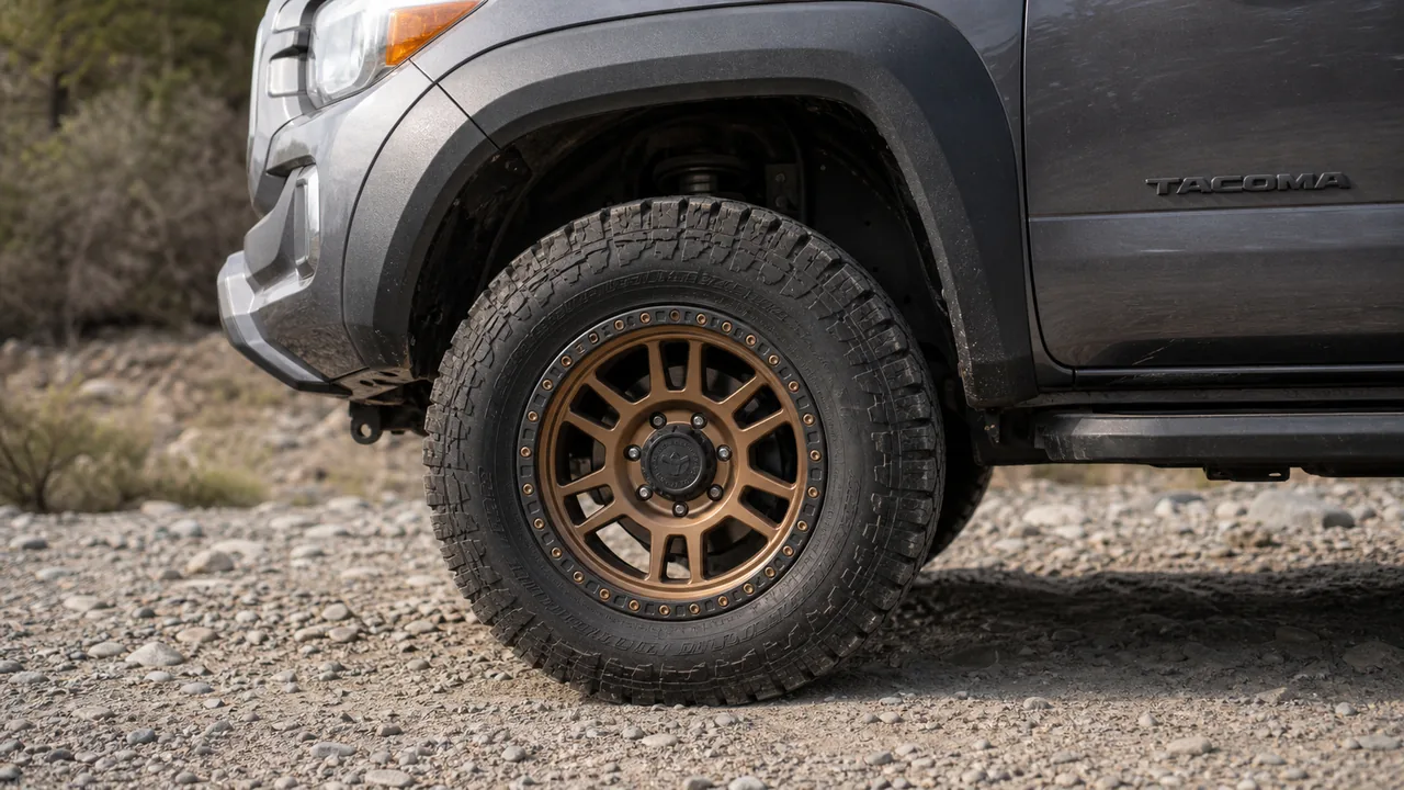 Best Toyota Tacoma Off-Road Wheels for a Strong Setup Toyota Tacoma bronze off-road wheel close-up with all-terrain tire